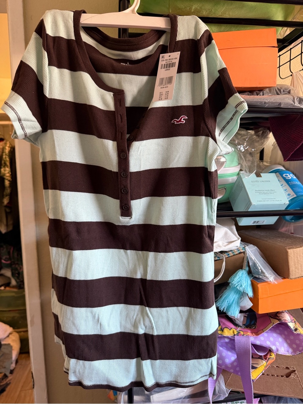Holliste women short  Sleeve Stripe Henley Top in Brown & Mint